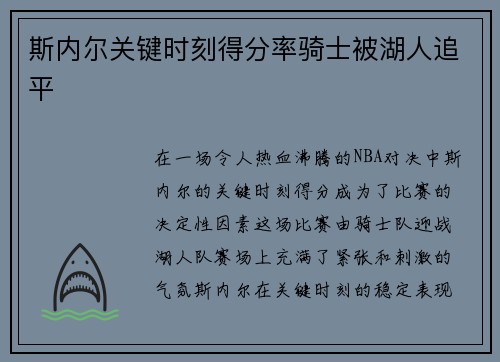 斯内尔关键时刻得分率骑士被湖人追平